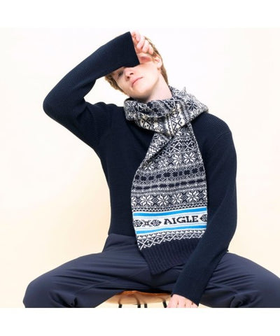 Aigle Nacotiscarf Fair Isle Knit Scarf Navy and Blue Mens Womens