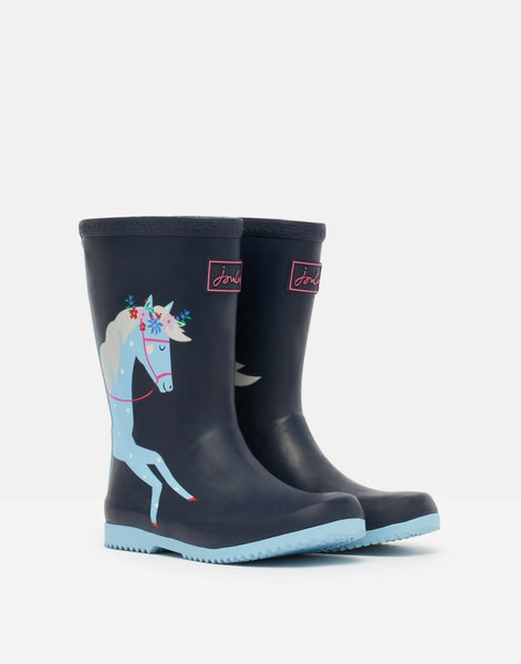 Joules kid's Roll Up Flexible Printed Wellies Navy Horses