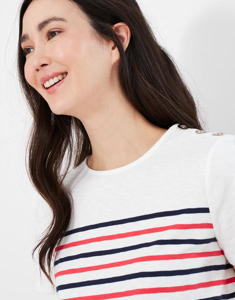 Joules Women's Harbour Stripe Short Sleeve Button Shoulder Top Cream stripe