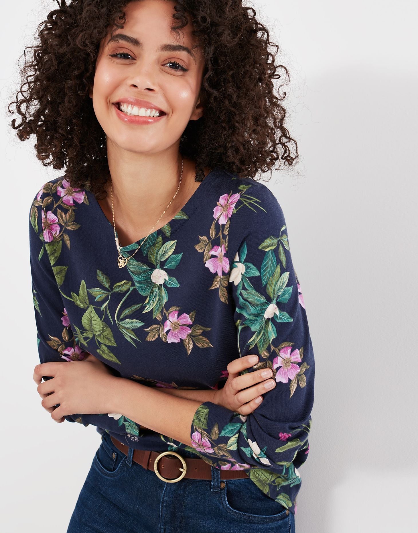 Joules Womens Harbour Print Long Sleeve Jersey Top Navy Floral Botanical Small