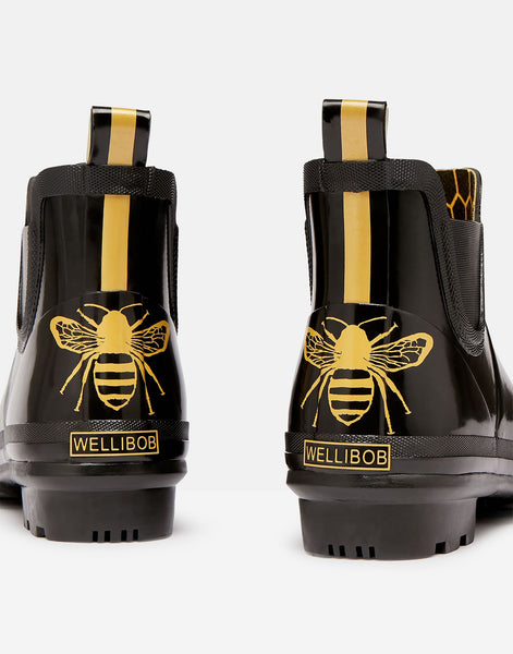 Joules Womens Wellibob Black Gold Etched Bee Short Chelsea Ankle Boots Wellies