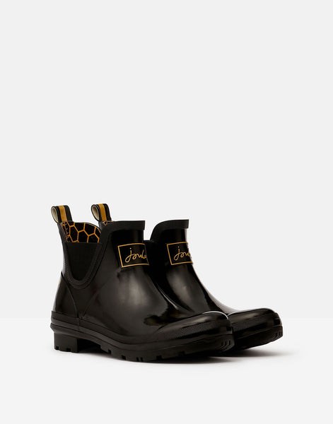 Joules Womens Wellibob Black Gold Etched Bee Short Chelsea Ankle Boots Wellies