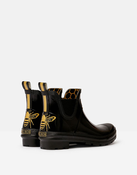 Joules Womens Wellibob Black Gold Etched Bee Short Chelsea Ankle Boots Wellies