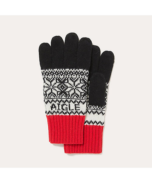 Aigle Nacotigloves Fair Isle Knit Gloves Red and Black Mens Womens