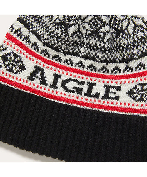 Aigle Nacotibeanie Fair Isle Knit Bobble Hat Red and Black Mens Womens