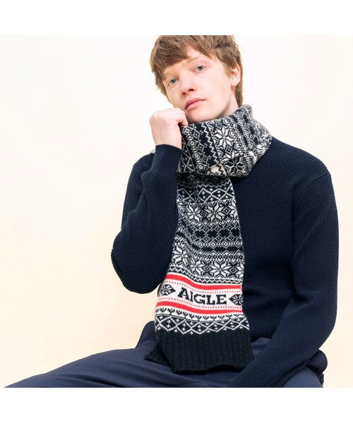 Aigle Nacotiscarf Fair Isle Knit Scarf Black and Red Mens Womens