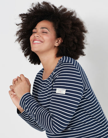 Joules Women's Harbour Navy Cream Stripe long sleeved jersey top