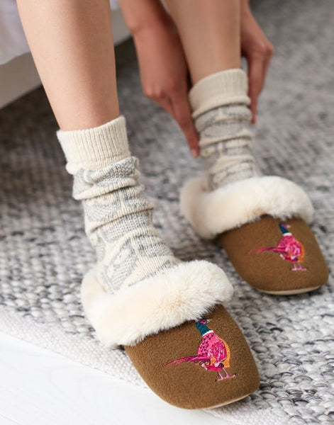 Joules Slippet Luxe Pheasant Slippers Brown