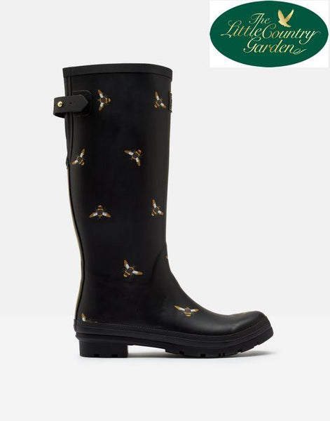 Joules Womens Welly Print Black Metalic Bees Wellies Tall Wellington Boots 