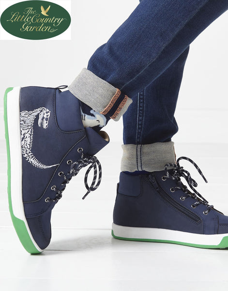 Joules Kids Boys Dino Runaround High Top Trainers Dinosaur Navy Blue Boots