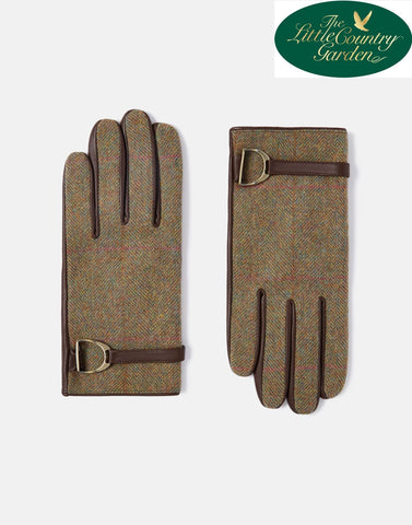 Joules Womens Allerdale Tweed and Leather Gloves Green Brown