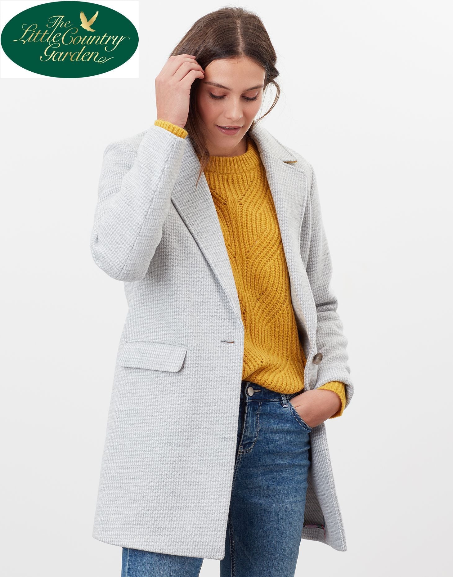 Joules Eve Womens Long Wool Smart Coat Grey Check Ladies Jacket