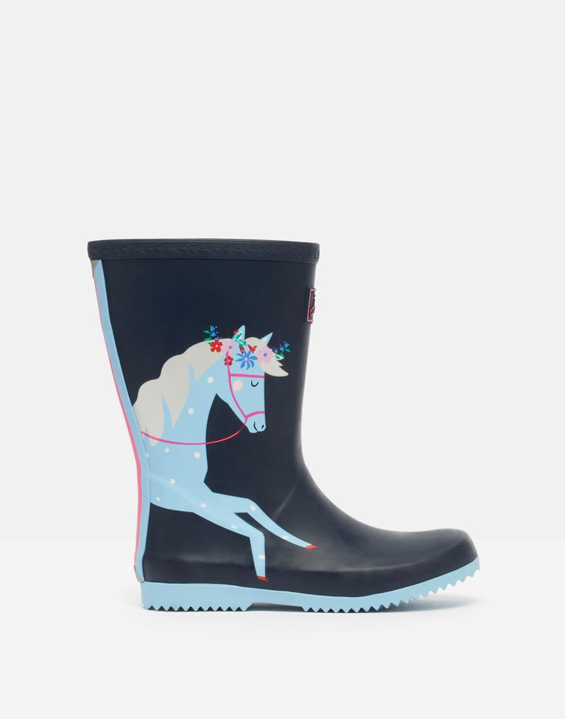 Joules kid s Roll Up Flexible Printed Wellies Navy Horses Kent Country