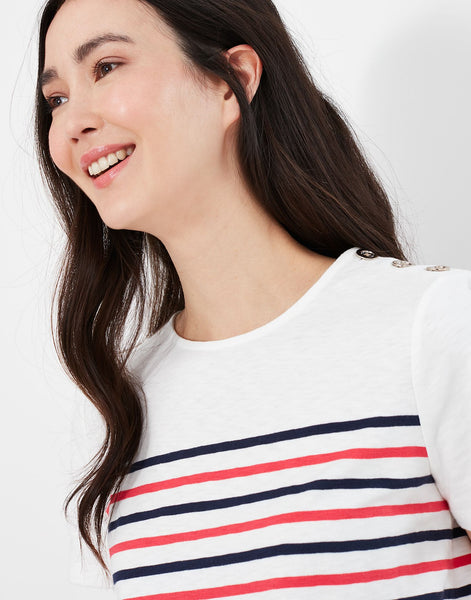 Joules Women's Harbour Stripe Short Sleeve Button Shoulder Top Cream stripe