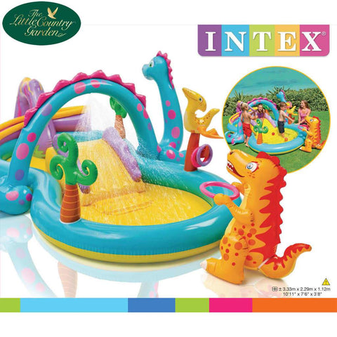 INTEX DINOLAND PLAY CENTRE PADDLING POOL WITH SLIDE SPRAY ATTACHMENT AND BALLS AND CATCHER