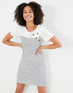 Joules Women's Riviera Bee Embroidered Short Sleeve Stripe Jersey Dress Cream Stripe