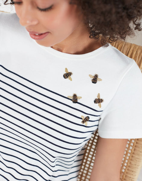 Joules Women's Riviera Bee Embroidered Short Sleeve Stripe Jersey Dress Cream Stripe