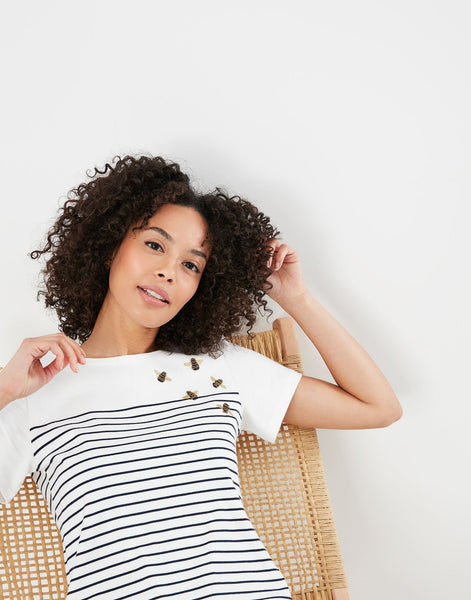 Joules Women's Riviera Bee Embroidered Short Sleeve Stripe Jersey Dress Cream Stripe