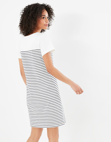 Joules Women's Riviera Bee Embroidered Short Sleeve Stripe Jersey Dress Cream Stripe
