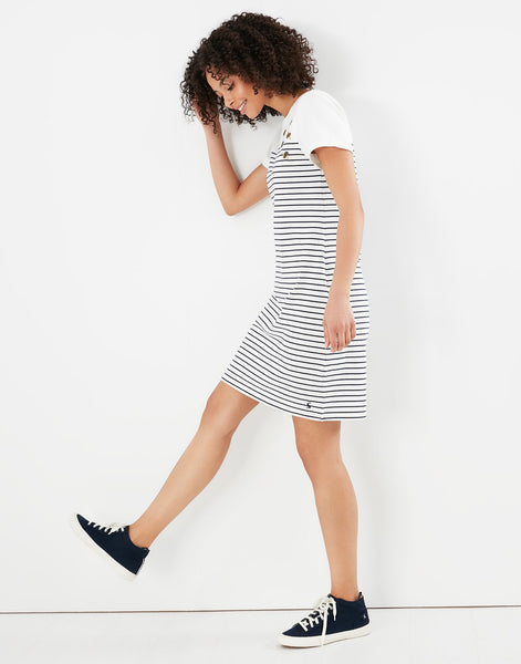 Joules Women's Riviera Bee Embroidered Short Sleeve Stripe Jersey Dress Cream Stripe
