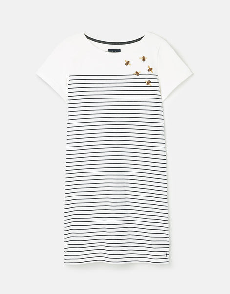 Joules Women's Riviera Bee Embroidered Short Sleeve Stripe Jersey Dress Cream Stripe