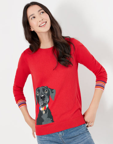 Joules Women's Miranda Dog Intarsia Crew Neck Jumper Red Labrador