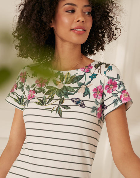 Joules Women's Riviera Cream Botanical Stripe Printed Jersey Short Sleeve Tshirt Dress