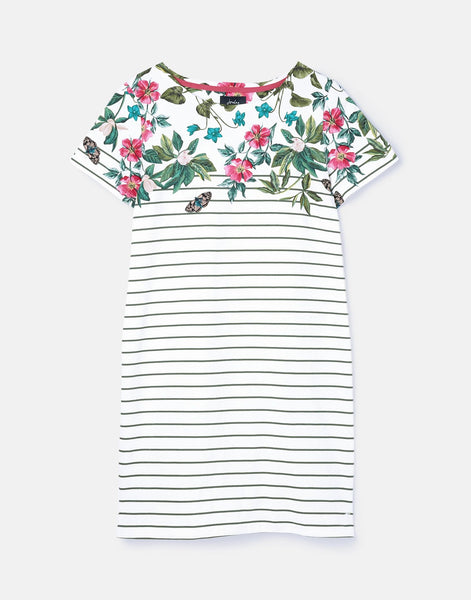 Joules Women's Riviera Cream Botanical Stripe Printed Jersey Short Sleeve Tshirt Dress