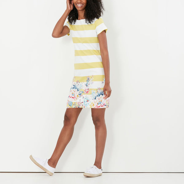 Joules Riviera Stripe Short Sleeve Jersey Dress Lemon Border Floral Yellow