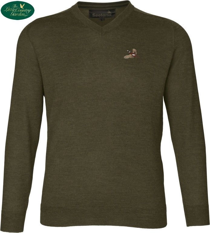 SEELAND Noble Pullover Pine Green Pheasant Motif Jumper V Neck