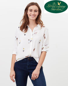 Joules Elvina Womens Button Front Woven Top Shirt White Cream Dogs Print Ladies